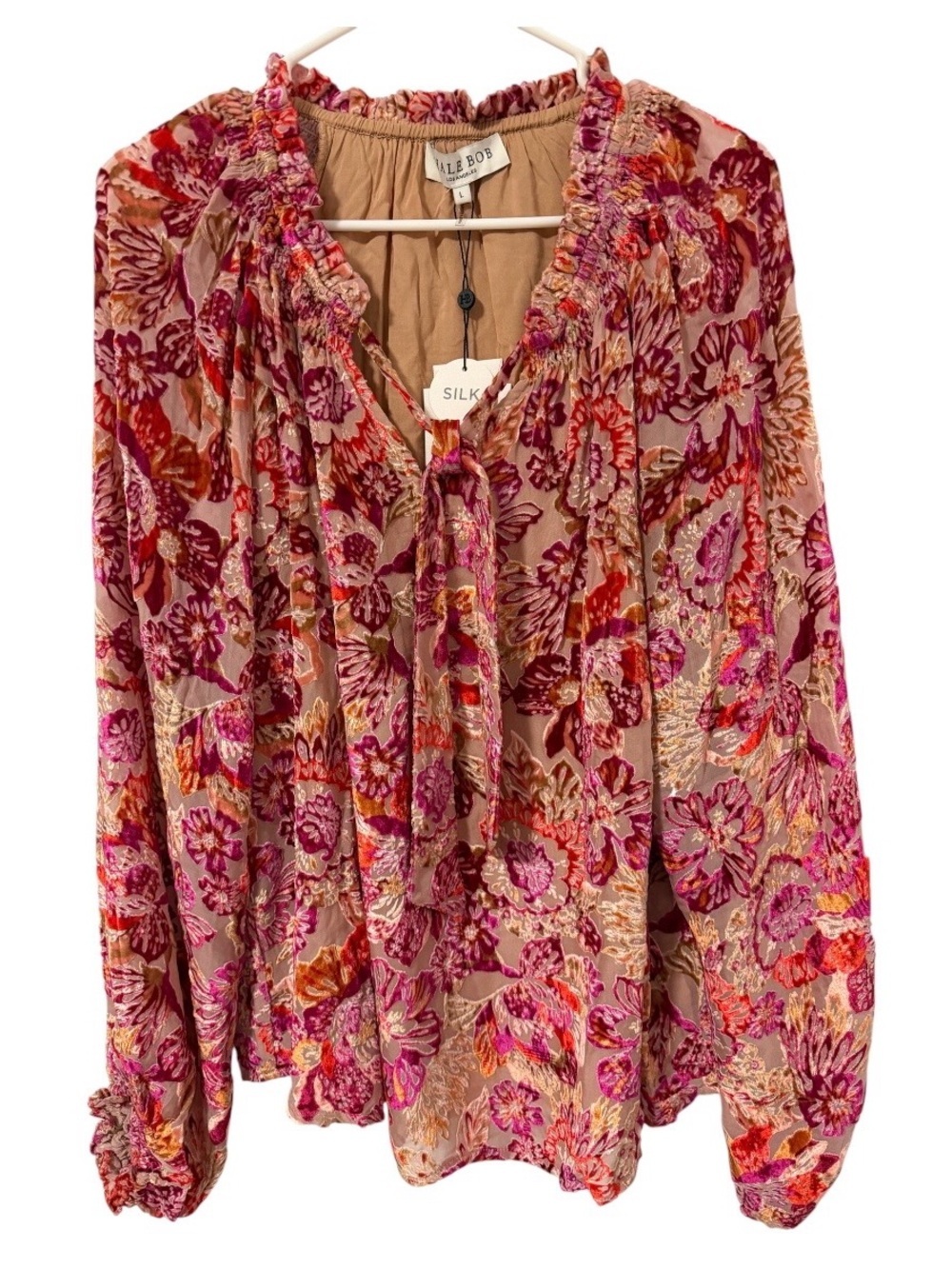 Hale Bob Silk Blend Burnout Velvet Blouse Pink Floral Boho Top Women’s L NWT - Picture 4 of 14